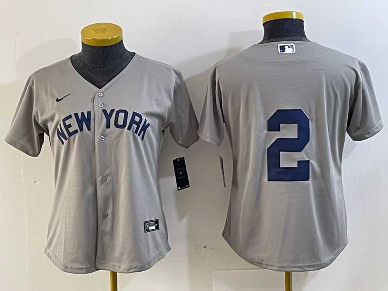 Women%27s New York Yankees #2 Derek Jeter Gray Field of Dreams Cool Base Jersey